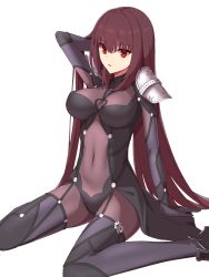 Rule 34 | 1girl, blush, bodysuit, breasts, commentary request, covered navel, elfenlied22, fate/grand order, fate (series), hair between eyes, hair intakes, highres, kneeling, large breasts, long hair, looking at viewer, purple bodysuit, purple hair, red eyes, scathach (fate), simple background, smile, solo, very long hair, white background