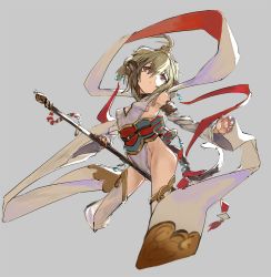 Rule 34 | 10s, 1girl, ahoge, andira (granblue fantasy), animal ears, bad id, bad twitter id, between legs, blonde hair, breasts, center opening, covered erect nipples, cropped legs, detached sleeves, erune, fur, granblue fantasy, grey background, hagoromo, hairband, holding, holding weapon, leotard, long sleeves, monkey ears, monkey girl, monkey tail, orange eyes, polearm, purupuru, sash, shawl, short hair, sideboob, simple background, sketch, small breasts, solo, tail, thighhighs, weapon, white thighhighs