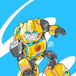 Rule 34 | 1boy, autobot, blue eyes, bumblebee, chibi, highres, horns, konachang, looking at viewer, mecha, no humans, open hand, robot, science fiction, smile, solo, transformers
