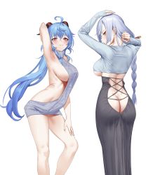 Rule 34 | 2girls, absurdres, ahoge, arm behind head, arm up, armpits, ass, back, backless dress, backless outfit, blue eyes, blue hair, blush, braid, breasts, butt crack, cosplay, crop top, cross-laced clothes, dress, ganyu (genshin impact), genshin impact, grey skirt, grey sweater, guitar little sister (hitomi o), guitar little sister (hitomi o) (cosplay), hair over one eye, highres, horns, large breasts, long hair, long skirt, long sleeves, looking at viewer, looking back, low-braided long hair, low-tied long hair, meme attire, multiple girls, naked sweater, purple eyes, shenhe (genshin impact), shirt, sideboob, silver hair, skirt, sweater, sweater dress, thighs, turtleneck, turtleneck sweater, underboob, urrrt, very long hair, virgin killer sweater, white shirt
