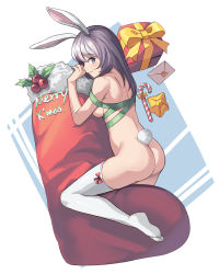 Rule 34 | 1girl, animal ears, ass, blue eyes, blush, candy, candy cane, christmas, christmas stocking, closed mouth, commentary, food, full body, gift, highres, long hair, looking at viewer, merry christmas, naked ribbon, original, oversized object, profile, rabbit ears, rabbit tail, ribbon, saiste, silver hair, simple background, solo, star (symbol), stuffing, tail, thighhighs, thighs, white background, white thighhighs