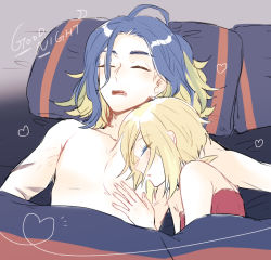 Rule 34 | 1boy, 1girl, adaman (pokemon), bare shoulders, bed, blonde hair, blush, closed eyes, creatures (company), english text, game freak, hair down, hand on another&#039;s chest, heart, hetero, highres, irida (pokemon), lying, matsuripanda, multicolored hair, nintendo, on bed, open mouth, pillow, pokemon, pokemon legends: arceus, scar, scar on arm, sleeping, topless male, two-tone hair, under covers