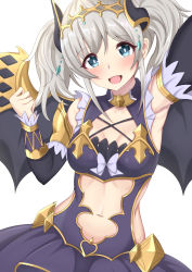 Rule 34 | 1girl, :d, akari (princess connect!), arm up, armpits, bare shoulders, blue eyes, blush, breasts, center opening, circlet, cleavage, clothing cutout, collarbone, commentary request, cowboy shot, demon horns, demon wings, detached sleeves, dress, grey hair, hair between eyes, highres, horns, looking at viewer, midriff, nanao (naoekaki25), navel, navel cutout, open mouth, princess connect!, purple dress, purple sleeves, sidelocks, simple background, sleeveless, sleeveless dress, small breasts, smile, solo, standing, twintails, white background, wings