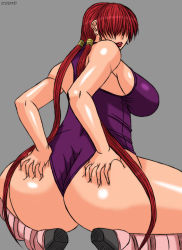 Rule 34 | 1girl, ass, breasts, female focus, grey background, highres, huge ass, huge breasts, large breasts, lipstick, long hair, makeup, papepox2, red hair, shermie (kof), simple background, snk, solo, the king of fighters