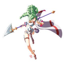 Rule 34 | 1girl, alternate costume, automatic giraffe, ball, commentary, crop top, dated, dynamic pose, english commentary, floating hair, green hair, holding, holding ball, holding lance, holding polearm, holding weapon, jacket, jug (bottle), kid icarus, kid icarus uprising, lance, long hair, looking to the side, low-tied long hair, nintendo, palutena, polearm, red eyes, short shorts, shorts, single thighhigh, solo, thighhighs, very long hair, weapon, white jacket