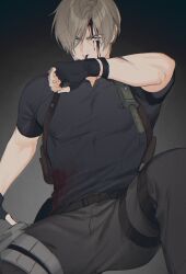 Rule 34 | 1boy, abs, belt, black gloves, black shirt, blood, blue eyes, brown hair, commentary, covered abs, english commentary, fingerless gloves, gloves, highres, holster, knife, knife sheath, knife sheath, leg holster, leon s. kennedy, looking at viewer, male focus, montaro, pants, pectorals, resident evil, resident evil 4, resident evil 4 (remake), sheath, shirt, short hair, short sleeves, shoulder holster, solo, spread legs