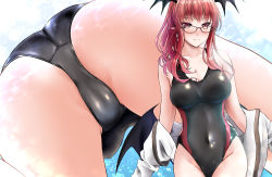 Rule 34 | 1girl, alternate costume, ass, bare shoulders, bat wings, bespectacled, black one-piece swimsuit, blush, breasts, cleavage, collarbone, competition swimsuit, covered navel, cowboy shot, from below, glasses, head wings, highres, koakuma, large breasts, light smile, long hair, looking at viewer, low wings, multiple views, one-piece swimsuit, red-framed eyewear, red eyes, red hair, shirt, sidelocks, swimsuit, touhou, undressing, water, white shirt, wings, yumi (careca398)