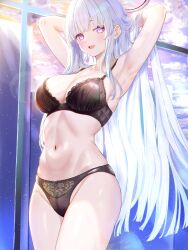 Rule 34 | 1girl, absurdres, armpits, arms behind head, black bra, black panties, blue archive, blunt bangs, blush, bra, breasts, halo, highres, lace, lace-trimmed bra, lace panties, lace trim, large breasts, long hair, looking at viewer, mechanical halo, navel, noa (blue archive), open mouth, panties, purple eyes, smile, solo, standing, underwear, underwear only, very long hair, white hair, zea (zeamilky)