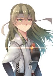 Rule 34 | 1girl, closed mouth, commentary request, green eyes, green hair, hair between eyes, headband, highres, japanese clothes, kantai collection, long hair, looking at viewer, muneate, ohiya, revision, ribbon, simple background, solo, upper body, white background, white ribbon, zuikaku (kancolle), zuikaku kai ni (kancolle)