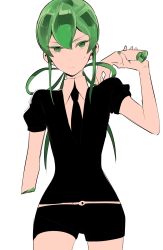Rule 34 | 1other, amputee, androgynous, bad id, bad pixiv id, black necktie, black shirt, black shorts, closed mouth, collared shirt, colored eyelashes, commentary request, cowboy shot, crystal, green eyes, green hair, green nails, highres, houseki no kuni, jade (houseki no kuni), long hair, looking at viewer, musshu (omu001), nail polish, necktie, puffy short sleeves, puffy sleeves, severed hand, severed limb, shirt, short sleeves, shorts, simple background, solo, standing, sweatdrop, white background, white shirt, wing collar
