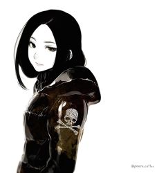 Rule 34 | 1girl, black hair, brown eyes, commentary request, emblem, eyelashes, from side, hood, hooded jacket, jacket, lips, long hair, looking at viewer, monochrome, original, poaro, revision, sequins, simple background, skull and crossbones, solo, spot color, sweater, twitter username, white background