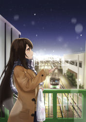 Rule 34 | 1girl, absurdres, bag, blue scarf, blurry, blurry foreground, breath, brown coat, brown eyes, brown hair, coat, duffel coat, highres, holding, holding bag, keiyo earth, long hair, night, night sky, open clothes, open coat, open mouth, original, outdoors, outstretched hand, plaid, plaid scarf, railing, railroad tracks, scarf, shopping bag, sky, sleeves past wrists, snowing, solo, star (sky), starry sky, sweater, train, upper body, winter, winter clothes