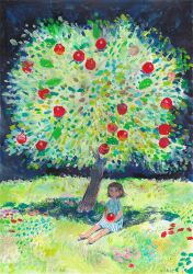 Rule 34 | 1girl, apple, apple tree, barefoot, blue dress, brown hair, closed mouth, dress, food, fruit, grass, hands on lap, holding, holding food, holding fruit, kumo (tobattiriuntexi), nature, no nose, on grass, on ground, original, outstretched legs, scenery, short hair, short sleeves, signature, sitting, solo, striped clothes, striped dress, traditional media, tree, tree shade, under tree, vertical-striped clothes, vertical-striped dress, wide shot