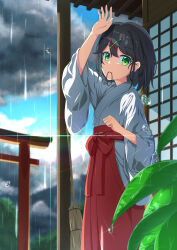 Rule 34 | 1girl, absurdres, arm up, blue sky, closed mouth, cloud, cloudy sky, commentary request, day, green eyes, hair between eyes, hair ornament, hair tie, hair tie in mouth, hairclip, hakama, hakama skirt, highres, japanese clothes, kimono, long sleeves, miko, mouth hold, original, outdoors, rain, red hakama, skirt, sky, solo, torii, tsuyukina fuzuki, water drop, white kimono, wide sleeves, x hair ornament