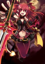 Rule 34 | 1girl, absurdres, belt, elbow gloves, fang, fingerless gloves, gloves, highres, long hair, miniskirt, navel, original, pantyhose, pointy ears, red eyes, red hair, skirt, solo, sword, tail, twintails, two side up, weapon, yoshizawa tsubaki