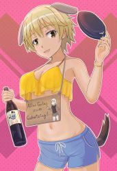 Rule 34 | 1girl, animal ears, birthday, blonde hair, blue shorts, blush, bottle, brave witches, breasts, brown eyes, cleavage, collarbone, dated, dog ears, dog tail, edytha rossmann, happy birthday, hat, highres, holding, holding bottle, keicha (kmoekaki), large breasts, looking at viewer, military hat, navel, open mouth, shiny skin, short hair, shorts, smile, solo, tail, waltrud krupinski, wine bottle, world witches series