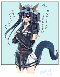 Rule 34 | 1girl, arknights, baseball cap, black jacket, blue background, blue hair, border, breasts, ch&#039;en (arknights), cleavage, commentary request, cowboy shot, cropped legs, crossed arms, dated, dragon girl, dragon horns, dragon tail, eyewear on headwear, folded ponytail, hair between eyes, hat, highres, horns, horns through headwear, jacket, long hair, motsupu, open mouth, outside border, red eyes, sidelocks, simple background, solo, sunglasses, tail, translation request, white border, white hat