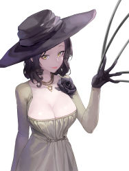 Rule 34 | 1girl, absurdres, alcina dimitrescu, black flower, black gloves, black hat, breasts, brown dress, brown hair, claws, cleavage, closed mouth, commentary, corsage, dress, flower, gloves, hand up, hat, highres, jewelry, large breasts, lips, long sleeves, looking at viewer, mac star, medium hair, necklace, resident evil, resident evil village, simple background, smile, solo, upper body, white background, yellow eyes