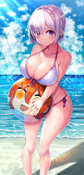 Rule 34 | 1girl, absurdres, beach, bikini, blue sky, breasts, cleavage, cloud, collarbone, commentary request, day, eyes visible through hair, fate/grand order, fate (series), fujimaru ritsuka (female), hair between eyes, hair over one eye, highres, large breasts, light particles, light purple hair, looking at viewer, mash kyrielight, nano (syoutamho), objectification, ocean, official alternate costume, orange eyes, orange hair, outdoors, purple eyes, sand, short hair, sky, smile, solo, standing, swimsuit, tropical, water, wet, white bikini, wide hips
