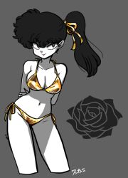 Rule 34 | 1girl, arms behind back, artist logo, artist name, bare shoulders, bikini, black eyes, black flower, black hair, black rose, blush, breasts, bright pupils, cleavage, closed mouth, commentary, cropped legs, flower, gold bikini, gold ribbon, grey background, groin, hair ribbon, hand on own arm, high ponytail, kunou kodachi, leaning forward, long hair, looking at viewer, medium breasts, midriff, navel, partially colored, ranma 1/2, red lips, ribbon, rose, side-tie bikini bottom, signature, smile, solo, swimsuit, upturned eyes, wanta (futoshi), wavy hair, white pupils