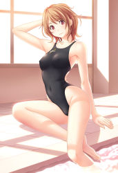 Rule 34 | 1girl, arm behind head, arm support, armpits, asics, barefoot, blush, breasts, brown eyes, brown hair, competition swimsuit, covered erect nipples, face, feet, highleg, highleg swimsuit, highres, indoors, kuri (kurigohan), one-piece swimsuit, original, sitting, smile, soaking feet, solo, swimsuit, water, window