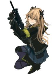Rule 34 | 1girl, black footwear, black gloves, black jacket, blue skirt, boots, bow, brown eyes, brown hair, closed mouth, fingerless gloves, from side, full body, girls&#039; frontline, gloves, gun, hair bow, holding, holding gun, holding weapon, hood, hood down, hooded jacket, jacket, long hair, long sleeves, looking at viewer, necro (nekurodayo), on one knee, pantyhose, pleated skirt, purple pantyhose, scar, scar across eye, scar on face, skirt, smile, solo, two-handed, two side up, ump9 (girls&#039; frontline), weapon