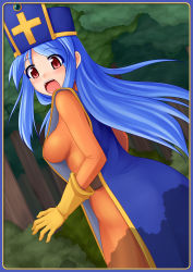 Rule 34 | 1girl, ass, blue hair, blush, bodysuit, breasts, chunsoft, dragon quest, dragon quest iii, enix, forest, gloves, hat, impossible clothes, impossible shirt, large breasts, long hair, mitre, nature, nekomanma, nekomanma (byougatei), open mouth, priest (dq3), red eyes, shirt, sideboob, skin tight, solo, surprised, tabard, tree