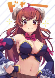 Rule 34 | bow, bowtie, breasts, cleavage, closed mouth, commentary request, curled horns, demon girl, demon horns, hands on own hips, highres, horns, large breasts, long hair, machikado mazoku, miu (angelo whitechoc), navel, red bow, red bowtie, red eyes, red hair, smile, yoshida yuuko (machikado mazoku)