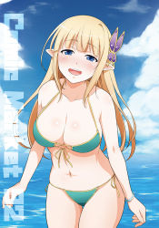 Rule 34 | 1girl, bikini, blonde hair, blue eyes, blunt bangs, blush, breasts, butterfly hair ornament, cleavage, collarbone, comiket 92, cowboy shot, day, elf, green bikini, hair ornament, halterneck, large breasts, long hair, looking at viewer, navel, ocean, original, outdoors, pointy ears, smile, solo, stomach, swimsuit, thigh gap, tomokichi