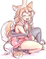 Rule 34 | 1girl, :d, animal ear fluff, animal ears, black thighhighs, braid, breasts, brown hair, cleavage, closed eyes, collar, commentary, dog ears, dog girl, dog slippers, dog tail, english commentary, hair ornament, headpat, heart, heart hair ornament, highres, idol corp, jacket, jd benefield, long hair, looking at viewer, medium hair, open mouth, pink collar, pink jacket, pochi wanmaru, pochi wanmaru (pochi 1.0), pochi wanmaru (pochi 1.0), slippers, small breasts, smile, tail, thighhighs, twin braids, virtual youtuber