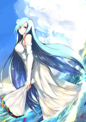 Rule 34 | 1girl, blue hair, bouquet, breasts, bridal gauntlets, brynhildr (fate), dress, elbow gloves, fate/grand order, fate (series), fingerless gloves, flower, gloves, hair flower, hair ornament, highres, large breasts, long hair, looking at viewer, ocean, otsunabe (naabe delta), purple eyes, solo, standing, very long hair, water, wedding dress, white dress