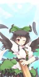Rule 34 | 1girl, arm cannon, bad id, bad pixiv id, black hair, black wings, blush, bow, breasts, feathers, female focus, hair bow, highres, large breasts, long hair, one eye closed, red eyes, reiuji utsuho, sil, solo, supershiruco, tongue, touhou, upper body, weapon, wings, wink
