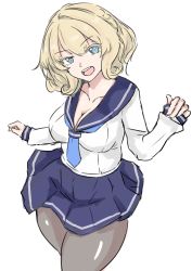 Rule 34 | 1girl, blonde hair, blue neckerchief, blue sailor collar, blue skirt, breasts, cleavage, collarbone, colorado (kancolle), colored eyelashes, highres, kantai collection, ken (shutenndouji1), large breasts, long sleeves, looking at viewer, medium hair, neckerchief, pantyhose, round teeth, sailor collar, school uniform, serafuku, skirt, sleeves past wrists, smile, solo, teeth, thighs, upper teeth only, white background