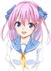 Rule 34 | 1girl, :d, arms behind back, blue eyes, blue ribbon, blue sailor collar, blush, breasts, commentary request, hair between eyes, hair ornament, hair ribbon, hisae (hisae collect), long hair, looking at viewer, medium breasts, neckerchief, open mouth, original, purple hair, ribbon, sailor collar, school uniform, serafuku, short sleeves, simple background, smile, solo, star (symbol), star hair ornament, two side up, upper body, white background, yellow neckerchief