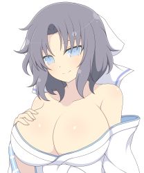 Rule 34 | 1girl, bare shoulders, blue eyes, blush, breasts, cleavage, closed mouth, collarbone, grey hair, hair ribbon, hand on breast, hand up, head tilt, highres, ichiryuu tsumiki, japanese clothes, kimono, large breasts, looking at viewer, no bra, off shoulder, parted bangs, ribbon, senran kagura, shiny skin, short hair, simple background, smile, solo, upper body, white background, white kimono, white ribbon, yumi (senran kagura)