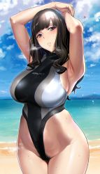 Rule 34 | 1girl, armpits, arms up, beach, black hair, black one-piece swimsuit, blue sky, blush, breasts, breath, brown eyes, clothes writing, cloud, cloudy sky, competition swimsuit, cowboy shot, day, excessive pubic hair, female pubic hair, head tilt, headband, heart, heavy breathing, highleg, highleg swimsuit, highres, hip focus, horizon, ikuchan kaoru, large breasts, long hair, looking at viewer, ocean, one-piece swimsuit, original, outdoors, parted lips, partially visible vulva, pubic hair, pubic hair peek, sideboob, sky, solo, swimsuit, thighs, turtleneck, wavy hair, wet