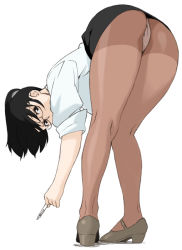 Rule 34 | 1girl, ass, bent over, black hair, breasts, brown pantyhose, business suit, cameltoe, female focus, formal, from behind, from below, full body, glasses, holon, jinroku, kneepits, legs, looking at viewer, looking back, miniskirt, office lady, panties, panties under pantyhose, pantyhose, pantyshot, pen, pencil skirt, ponytail, real drive, short hair, simple background, skirt, skirt suit, sleeves rolled up, solo, suit, teacher, thighs, underwear, upskirt, white background