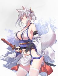 Rule 34 | 1girl, ahoge, animal ear fluff, animal ears, bare shoulders, blue sash, blush, breasts, brown eyes, cleavage, closed mouth, clothing cutout, collarbone, commentary request, detached sleeves, ear piercing, earrings, fox ears, fox girl, fox tail, from side, hair ornament, highres, holding, holding sheath, holding sword, holding weapon, japanese clothes, jewelry, katana, large breasts, looking at viewer, medium hair, navel, navel cutout, obi, original, piercing, sash, sawaya (mizukazu), sheath, sheathed, sidelocks, silver hair, simple background, solo, standing, stomach, sword, tail, thighhighs, weapon, white background, white thighhighs, wide sleeves