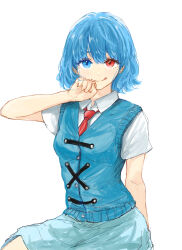 Rule 34 | 1girl, :q, absurdres, adapted costume, arm up, blue eyes, blue hair, blue skirt, blue vest, breasts, eyebrows hidden by hair, hair between eyes, heterochromia, highres, kashiwada kiiho, light blush, looking at viewer, necktie, nostrils, red eyes, red necktie, shirt, short hair, short sleeves, simple background, sketch, skirt, small breasts, smile, solo, tatara kogasa, tongue, tongue out, touhou, vest, white background, white shirt, wing collar
