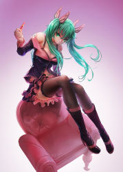 Rule 34 | 1girl, aqua eyes, aqua hair, black thighhighs, boots, bra strap, breasts, cleavage, couch, gradient background, hair ribbon, hatsune miku, high heel boots, high heels, highres, holding, honey whip (module), knee boots, light smile, lipstick, long hair, long sleeves, looking at viewer, makeup, off shoulder, project diva (series), project diva f, ribbon, sitting, skirt, solo, sweet devil (vocaloid), thighhighs, todee, vocaloid