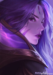 Rule 34 | 1girl, absurdres, artist name, character name, close-up, facial mark, facial tattoo, forehead mark, forehead tattoo, from side, highres, kai&#039;sa, league of legends, lipstick, long hair, looking at viewer, makeup, parted bangs, parted lips, portrait, purple background, purple eyes, purple hair, purple lips, simple background, solo, tainjinvivo, tattoo, whisker markings