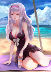 Rule 34 | 1girl, :d, bare arms, bare legs, beach, black one-piece swimsuit, black skirt, breasts, brown eyes, casual one-piece swimsuit, cleavage, cloud, collarbone, grey hair, hairband, idolmaster, idolmaster (classic), large breasts, leaning to the side, long hair, looking at viewer, miniskirt, ocean, one-piece swimsuit, open mouth, outdoors, pink hairband, pleated skirt, sayuumigi, shijou takane, sitting, skirt, smile, solo, summer, swimsuit, swimsuit skirt, very long hair