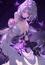 1girl absurdres bare_shoulders black_gloves breasts bug butterfly castorice_(honkai:_star_rail) cleavage closed_mouth commentary_request dress flower gloves hair_between_eyes highres holding honkai:_star_rail honkai_(series) insect large_breasts long_hair looking_at_viewer pantyhose partial_commentary pink_flower pointy_ears purple_butterfly purple_eyes purple_flower sasa_(sasa_ekakiman) smile solo strapless strapless_dress very_long_hair white_dress white_hair white_pantyhose