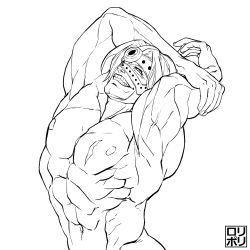 Rule 34 | 1boy, abs, arms up, completely nude, fate/grand order, fate (series), greyscale, highres, jamrolypoly, jojo no kimyou na bouken, jojo pose, large pectorals, looking at viewer, male focus, monochrome, muscular, navel, nipples, nude, pectorals, short hair, simple background, smile, solo, spartacus (fate), upper body, white background