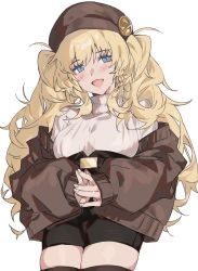 Rule 34 | 1girl, :d, alternate costume, aogisa, bad id, bad twitter id, black shorts, black thighhighs, blonde hair, blue eyes, blush, braid, breasts, brown hat, brown jacket, fang, girls&#039; frontline, hair between eyes, hat, highres, jacket, long hair, long sleeves, looking at viewer, messy hair, off shoulder, open mouth, own hands together, s.a.t.8 (girls&#039; frontline), short braid, short shorts, shorts, side braid, simple background, smile, solo, standing, sweater, thighhighs, turtleneck, turtleneck sweater, upper body, white background