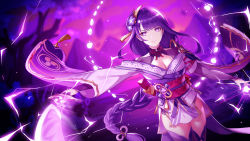 1girl 2r-_(pixiv8168114) absurdres armor blurry blurry_background braid breasts cleavage closed_mouth coattails commentary_request electricity floral_print flower genshin_impact hair_ornament highres holding holding_sword holding_weapon japanese_clothes kimono large_breasts long_hair long_sleeves looking_at_viewer mitsudomoe_(shape) mole mole_under_eye obi obiage obijime purple_eyes purple_flower purple_hair raiden_shogun ribbon sash shoulder_armor solo sword tassel thighhighs tomoe_(symbol) weapon wide_sleeves