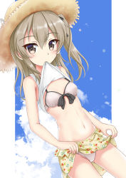 Rule 34 | 1girl, bikini, bikini under clothes, blue sky, blush, breasts, brown eyes, brown hair, brown hat, brown skirt, closed mouth, clothes in mouth, clothes lift, cloud, commentary request, day, dutch angle, flipper, floral print, girls und panzer, gluteal fold, hair between eyes, hat, lifting own clothes, long hair, mouth hold, navel, one side up, print skirt, shimada arisu, shirt in mouth, shirt lift, skirt, sky, small breasts, solo, straw hat, swimsuit, tank top, white bikini, white tank top