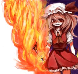 Rule 34 | 1girl, bad id, bad pixiv id, blouse, collared shirt, female focus, fire, flandre scarlet, hat, mizuga, mob cap, red eyes, shirt, smile, solo, touhou, white hat, white shirt