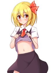 Rule 34 | 1girl, ascot, black skirt, black vest, blonde hair, blush, clothes lift, commentary request, cowboy shot, hair between eyes, hair ribbon, highres, lifting own clothes, looking at viewer, midriff, navel, red ascot, red eyes, red ribbon, ribbon, rumia, shirt, shirt lift, short sleeves, simple background, skirt, solo, standing, stomach, sweat, teoi (good chaos), touhou, vest, vest lift, white background, white shirt