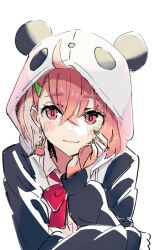 Rule 34 | 1girl, animal ears, animal hood, arm rest, black jacket, bow, bowtie, closed mouth, collared shirt, commentary request, earrings, green nails, h (eitilog), hair between eyes, hair ornament, hairclip, hand on own face, hand up, head rest, hood, hood up, hooded jacket, jacket, jewelry, long sleeves, looking at viewer, nail polish, nijisanji, panda ears, panda hood, pink eyes, pink hair, red bow, red bowtie, sasaki saku, sasaki saku (1st costume), shirt, short hair, simple background, solo, upper body, virtual youtuber, white background, white shirt